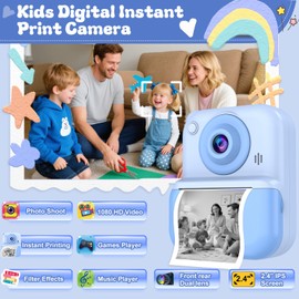 Glyntora Kids Instant Camera Printer,1440P HD Instant Camera for Kids 2.4'' Screen Digital Camera with 32GB Card & 2 Rolls Print Paper Birthday Gifts Toys for Boys Girls Aged 3-12 Blue