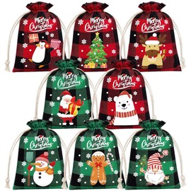 24 Bolsas de Regalo de Arpillera de Navidad,Drawstring Reusable Fabric Goody Bag,Bolsa de Regalo de Navidad con Cordón,Dulces de Storage Bag,para Navidad,Año Nuevo,Suministros de Fiesta(Buffalo Plaid)