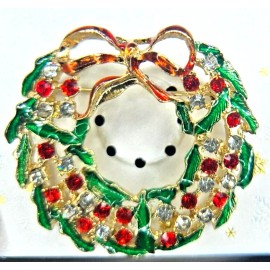 Unbranded Christmas Wreath Brooch Pin Gold Tone Enamel Red Green Festive Holiday Bow USA
