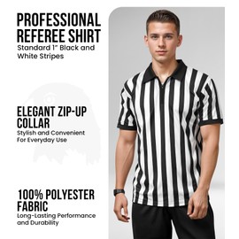 Exxact Sports Referee Shirt Men - Athletic Fit Basketball Referee Shirt for Sports & Costumes, Comes in V-Neck & Quarter-Zip Styles (AM, Zipper) Black/White
