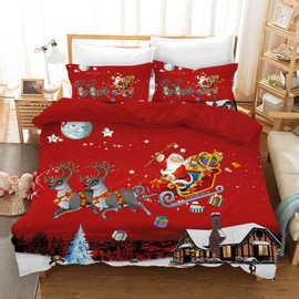Christmas Bed Linen Set, 3-Piece Santa Claus Deer Bell Present and Snowman Pattern Duvet Cover Set and 2 Pillowcases 50 x 75 cm, with Zip (Christmas Elk, 135 x 200 cm)