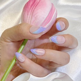 Nailsculpt Press On Nails -Almond French Tip Blue and Purple Fake Nails with Glaze Finish | Salon Quality | 24 nail kit -12 Sizes with 48 Jelly tabs| Reusable Durable Easy-Removal False Nails