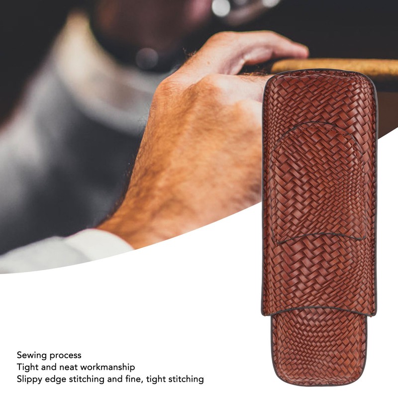 Cigar Case Holder Elegant Vintage Style Woven Pattern Leather Portable