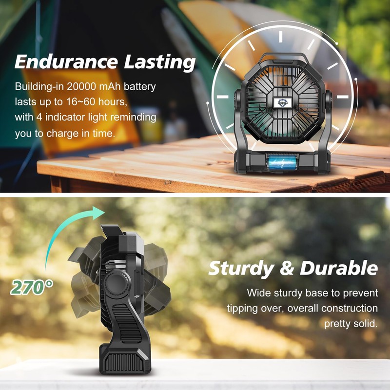 CONBOLA Upgraded Camping Fan - 20000mAh, LED Lantern, 270° Rotate,