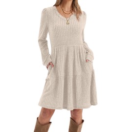 SAMPEEL Womens Fall Dresses 2025 High Waist Baby Doll A Line Teacher Long Sleeve Dress Beige S