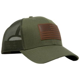 13 STRIPES American Flag Hat – Leather Patch Mesh Back Snapback Hat for Men & Women USA Flag Trucker Hat, Casual Unisex Hat, Olive Green, One Size