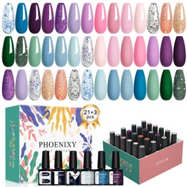 phoenixy 24 PCS Gel Nail Polish Kit, Summer 21 Colors 8ml Gel Nail Polish Set with Base Glossy Matte Top Coat Blue Pink Purple Flash Nail Polish Set Manicure Starter Kit Gifts for Women