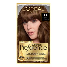 L'oreal Paris LOral Paris Superior Preference 9 weeks of Luminous Fade-Defying Permanent Hair Dye, 53 Medium Amber Brown, 100% Grey Coverage, 1 Hair Dye Kit (Packaging May Vary)
