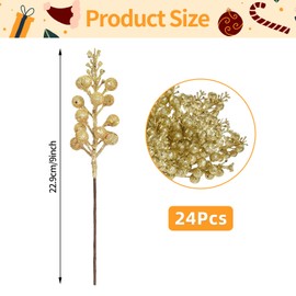 24 Pack 9 Inches Glitter Artificial Berry Stems, 15 Berries per Stem, Christmas Tree Picks Ornaments, DIY Xmas Wreath, Floral Arrangements Home Décor, Winter Wonderland Decoration (24, Gold, 9 Inch)