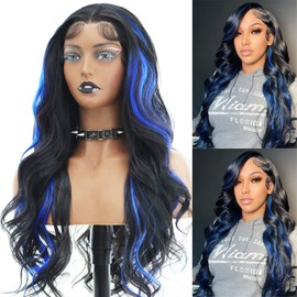 ANDRIA Blue Wig Highlight Lace Front Loose Wave Wigs with Baby Hair Black mix Blue Glueless Lace Wigs, 24 Inches