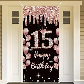15th Birthday Decoration for Girls Happy 15th Birthday Poster Door Banner Roseold Fabric Sign Wall/Door Banner 15th Birthday Background Banner Girls Birthday Party Welcome Sign