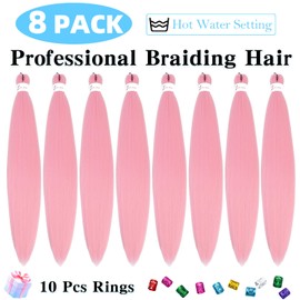 Braiding Hair Pre Stretched 20 Inch 8 Pack Braiding Hair Extensions Itch Free Soft Yaki Texture Hot Water Setting Synthetic Crochet Braids Hair For Women Girls (20Inch,Pink)