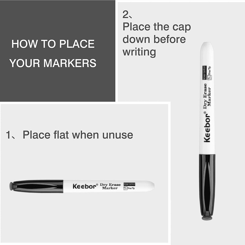 Keebor Fine Tip Dry Erase Markers, Black | Low-Odor |