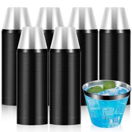 IJRPLM 100 Pcs Black Rimmed Plastic Cups, 9 oz Disposable Wine Glasses, Elegant Cocktail Cup, Hard Plastic Drinking Cup, Clear Party Cups for Wedding, Birthday, Family Gatherings, Holiday (Black)