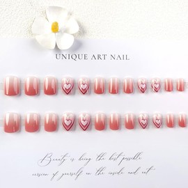 24 Pcs False Nails Pink Heart Design Medium Square Press on Nails Acrylic Artificial Nails Valentine's Day Medium Fake Nails with Glossy Pink Lip Nails for Women
