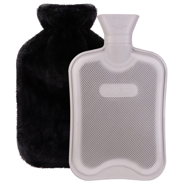 HomeTop Premium Classic Rubber Hot Water Bottle w/Luxurious Faux Fur Plush Fleece Cover (2L, Black/Gray)