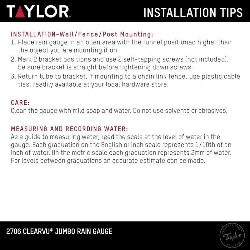 Taylor Capacity Jumbo Rain Gauge, Measure and Monitor Precipitation, Easy