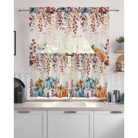 Fall Thanksgiving Kitchen Curtains Sets 24 Inch Length with Valance, Blue Orange White Pumpkin Swag Valances for Windows and Tiers Curtain Set, Eucalyptus Leaves Drapes for Living Room, Cafes