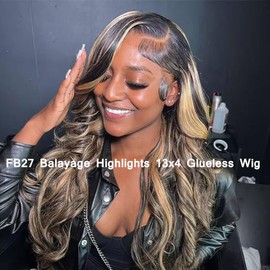 BestFun 30 Inch FB/27 Balayage Highlight Lace Front Wig Human Hair Pre Plucked 220% Density 13x4 HD Lace Ombre Body Wave Wig Glusless Wigs Human Hair for Women