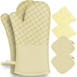 6 Pcs Oven Mitts and Pot Holders, 500℉ Heat Resistant Oven Mitts with Kitchen Towels Soft Cotton Lining and Non-Slip Silicone Surface Safe for Baking, Cooking, BBQ (Milkshake/Beige)