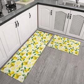 Ghroiep 2 Piece Lemon Kitchen Decor Rugs Set, Farmhouse Country Kitchen Rugs and Mats Non Skid Washable Absorbent Microfiber Kitchen Accessories Decoration Floor Mats 17"x47"+17"x30"
