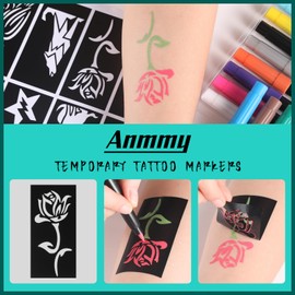 Anmmy Temporary Tattoo Markers for Skin, 16-Count Body Markers+77 Large Tattoo Stencils of Assorted Colors for kids and Adults, Flexible Brush Tip, Bright colors, Skin-Safe*, Cosmetic-Grade.