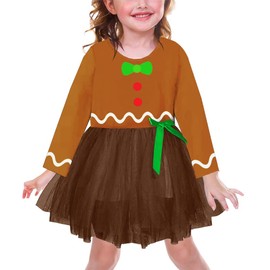 Toddler Cute Gingerbread Dress Christmas Tulle Tutu Dresses Ugly Xmas Long Sleeve Brown Dress 1-2T