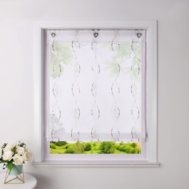 Heichkell Roman Blind, No Drilling, Voile Roman Curtain with Eyelets, Transparent Curtain with Hook Hanging, Eyelet Roller Blind with Modern Embroidery, Brown, W x H 60 x 140 cm