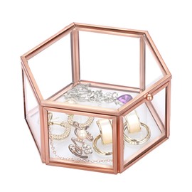 Hipiwe Vintage Glass Jewelry Box - Hexagonal Jewelry Display Organizer Keepsake Box Home Decorative Box Case for Storage Trinket Ring Earring Chest,Rose Gold, Medium