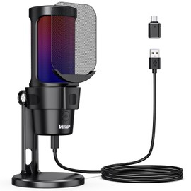 Veetop USB Condenser Microphone, Gaming Microphone, PC Microphone, RGB Lighting, Distribution Microphone, Cardioid Directional, One-Touch Mute, Pop Filter, Plug & Play Volume Control, Stand Included,