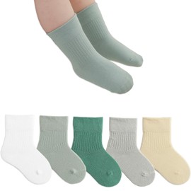 Exemaba Toddler Crew Socks 5 Pairs Baby Soft Cotton Neutral Solid Socks for Kids Boys Girls (Green Set,XS/0-6m)