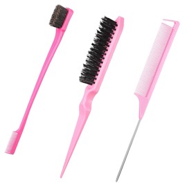 3 Pcs Slick Back Hair Brush, Edges Brush, Back Combing Brushes, Backcombing Brush, Teasing Brush, Plastic Bristle Hair Brush, Slick Back Hair Brush Women, For Women Hair Salon Hair Slicking(Pink)