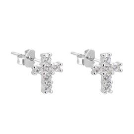 925 Sterling Silver Cubic Zirconia Tiny Cross Studs Earrings for Women, White Gold Plated