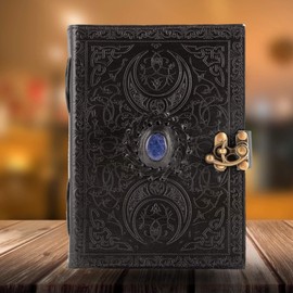Urban Leather Lapis 3 Moon Black Book of Shadows Grimoire Journal with Deckle Old Styled Parchment Paper for Men Women to Write in, Wicca Wiccan Supplies Witchcraft Prop DND Journal