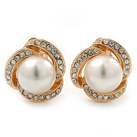 23mm Tall/Bridal Crystal White Faux Glass Pearl Clip On Earrings in Gold Tone
