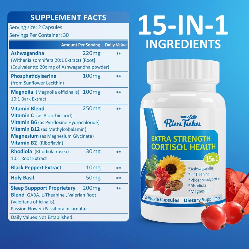 RimTuku Cortisol Supplements for Women & Men -15-in-1 Cortisol Detox