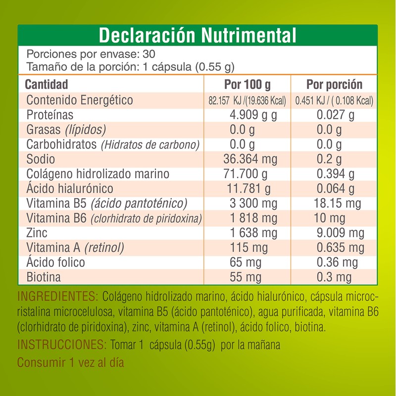 Nutrasien100 Colágeno Biotina Ácido Hialuronico Suplemento Vegano 30 Cápsulas