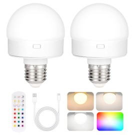 Rechargeable Battery Operated Light Bulb with Remote Control 2 Packs, 350LM Dimmable Detachable LED Bulb with 15 Colors Selectable & 3 Timer, Wireless Puck Light Bulb for Wall Sconce, Non-Hardwired