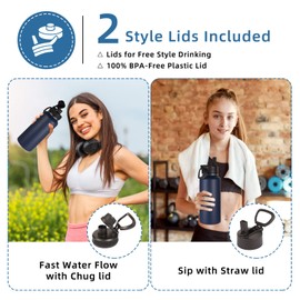 Volhoply 1 Litre Stainless Steel Drinking Bottle with Straw, Double-Walled Vacuum Insulated Thermos Flask with 2 Lids, Metal Leak-Proof Water Bottle Thermos Flask for Sports, School, Outdoor (Navy, 32