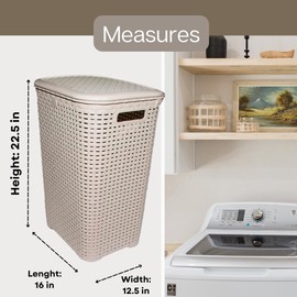 Elly Décor Set 2 Rattan 12 gallons Tall Plastic Laundry Hamper, Laundry Basket with Cutout Handles, Washing Bin, Dirty Clothes Storage, Bathroom, Bedroom, Closet, 48 lts White