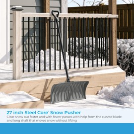 Suncast 27” Steel Core Snow Pusher with Curved Blade, D-Grip Handle, Steel Shaft, Heavy-Duty Snow Removal Tool for Effortless Clearing