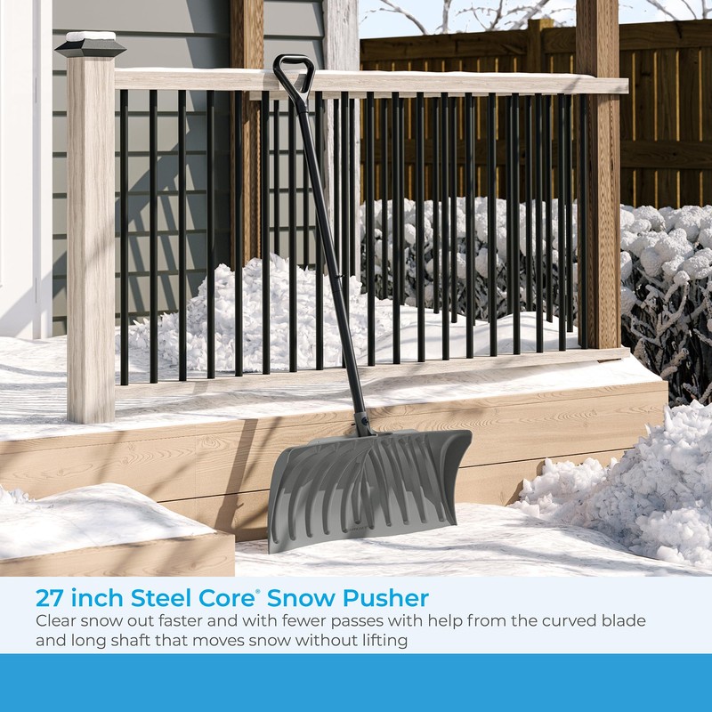 Suncast 27” Steel Core Snow Pusher with Curved Blade, D-Grip