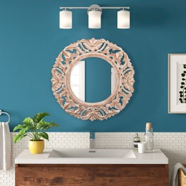 The Wooden Town 18 inch White Wash Round Wall Mirror,Gorgeous Rustic Farmhouse Accent Mirror,Barn Wood Color Entry Mirror for Bathroom Renovation,Bedrooms,Living Rooms