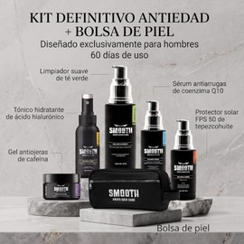 SMOOTH Kit Anti Edad Cuidado Facial Hombres  BOLSA DE VIAJE 6 productos Limpiador Suave, Tnico Hidratante, Srum Anti Arrugas, Gel Quita Ojeras,...    