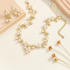 la luen Pearl Bride Wedding Jewelry Set Faux Pearls Crystal Rhinestone Necklace Earrings Bracelet Sets for Women Bridesmaid Wedding Parties Dates Everyday Wear (3 PCS) (Gold-001)