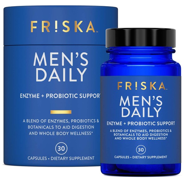 FRISKA Mens Daily | Digestive Enzyme and Probiotics Supplement | Lactase and B-Vitamins for Natural Digestion and Daily Male Health | 30 Capsules