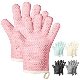 MAD SHARK Silicone Oven Mitts Heat Resistant 450 Degrees,Waterproof & Non-Slip Oven Gloves with Fingers,Cotton Lined Silicone Oven Gloves Kitchen Mitts for Baking Cooking Barbecue,Women (Pink)