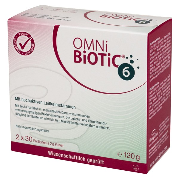 OMNi BiOTiC 6 | Glas | 60 Portionen (120g) | 6 Bakterienstämme | 4 Mrd. Keime pro Tagesdosis | Pulver | Mit Inulin | Vegan | Glutenfrei | Lactosefrei | Zur täglichen Anwendung