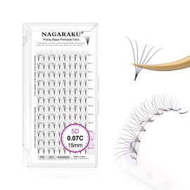 NAGARAKU 5D Prefabricated Fan Eyelashes, 120 Fans Volume, Premade Fans Tuft, Stems, Narrow Thin Lace Base, Natural, Fluffy Ready Fans Russian Black Lash, 12 Rows (0.07 C 15 mm)