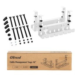 OSteed Under Desk Cable Management Tray 2 Pack White, No Drill Cord Organizer With Clamp for Wire Management, Home & Office Accessories